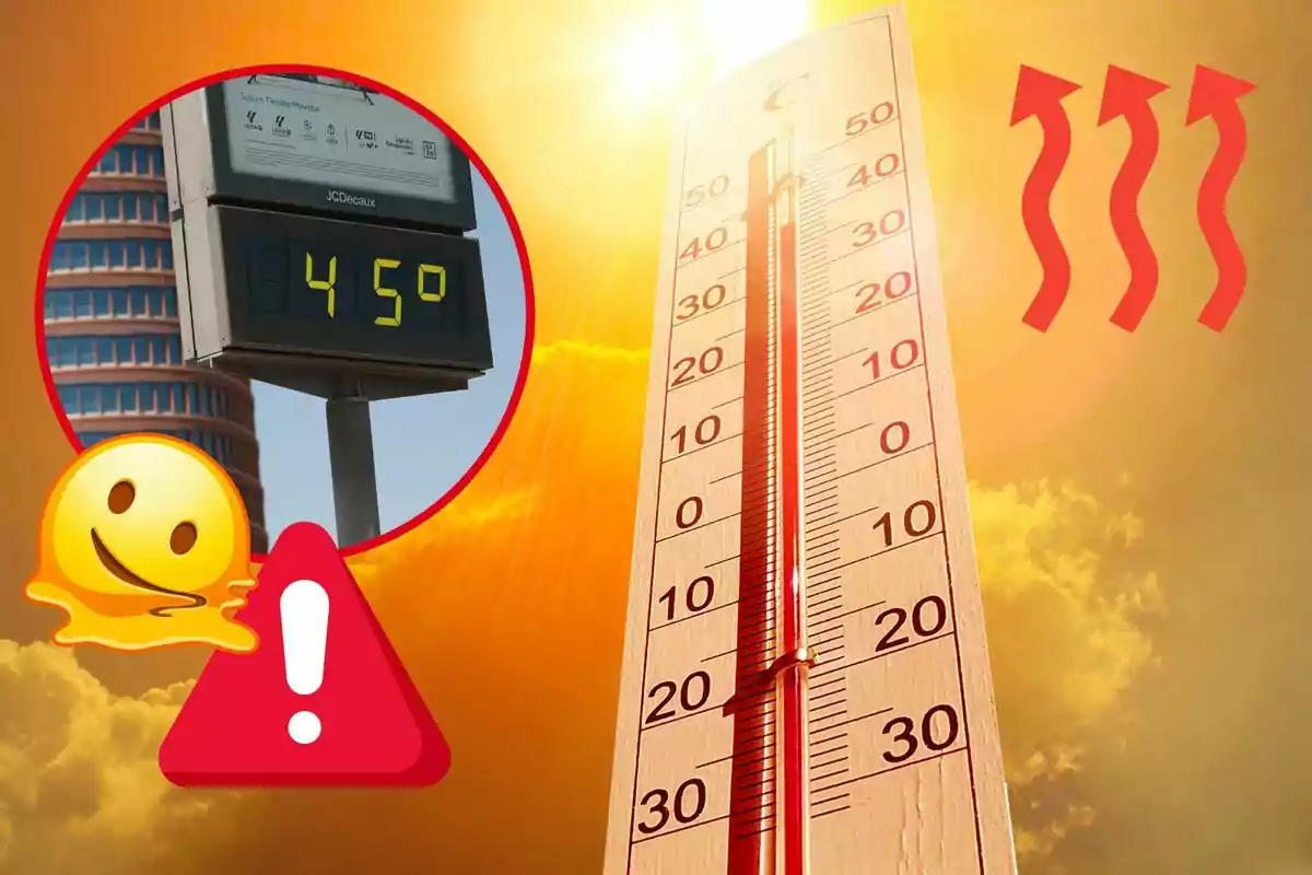 La imagen muestra un termómetro marcando una temperatura alta, con un fondo de cielo soleado y un símbolo de calor, junto a un letrero digital que indica 45 grados Celsius y un emoji derretido con un signo de advertencia. La imagen muestra un termómetro marcando una temperatura alta, con un fondo de cielo soleado y un símbolo de calor, junto a un letrero digital que indica 45 grados Celsius y un emoji derretido con un signo de advertencia.