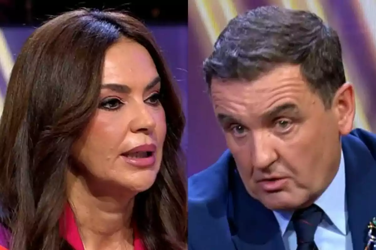 Dos personas en De Viernes, Olga Moreno con cabello oscuro y Antonio Montero con traje azul, ambos en una conversación seria.