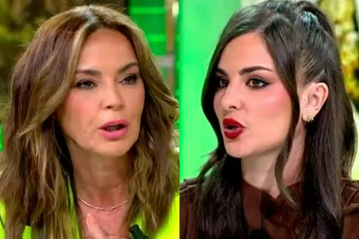 Olga Moreno i Alexia Rivas conversant a Festa amb fons verd.