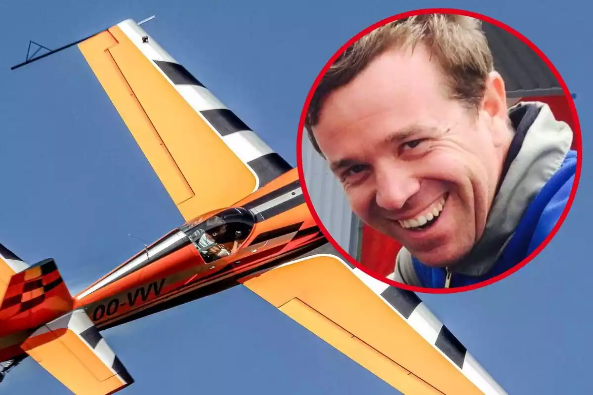 Imatge de fons d'Olivier Masurel al campionat de vol acrobàtic d'Espanya i una altra imatge en primer pla de la cara