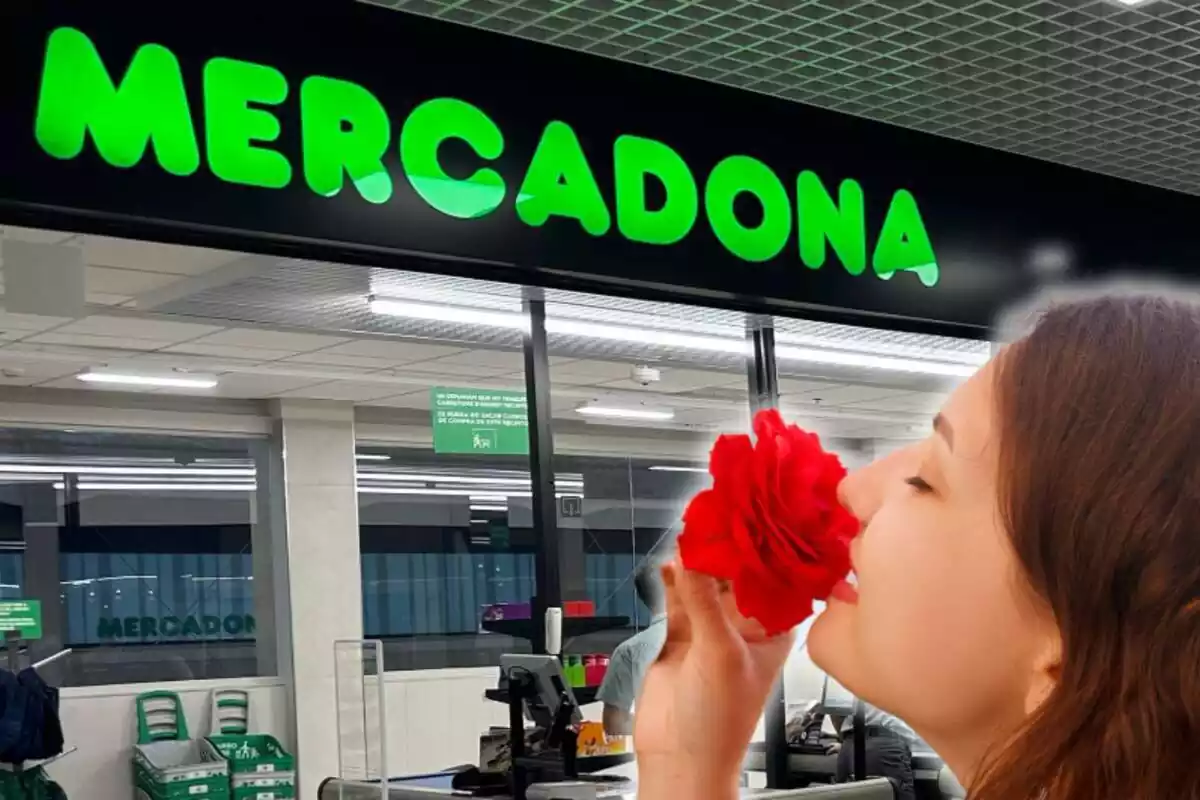 Mujer oliendo una flor y Mercadona