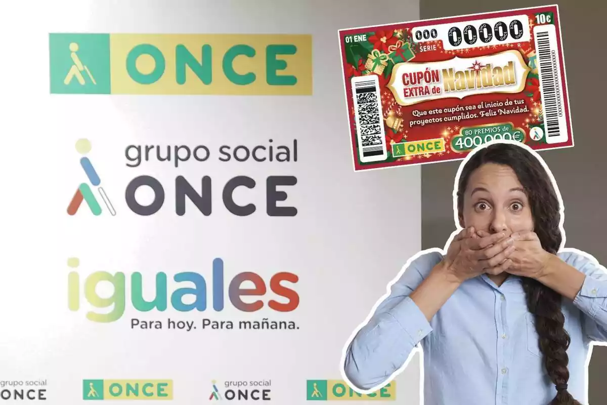 Imatge de fons d´un cartell de l´ONCE i una altra d´un dècim del cupó extra de Nadal i una dona amb cara de sorpresa