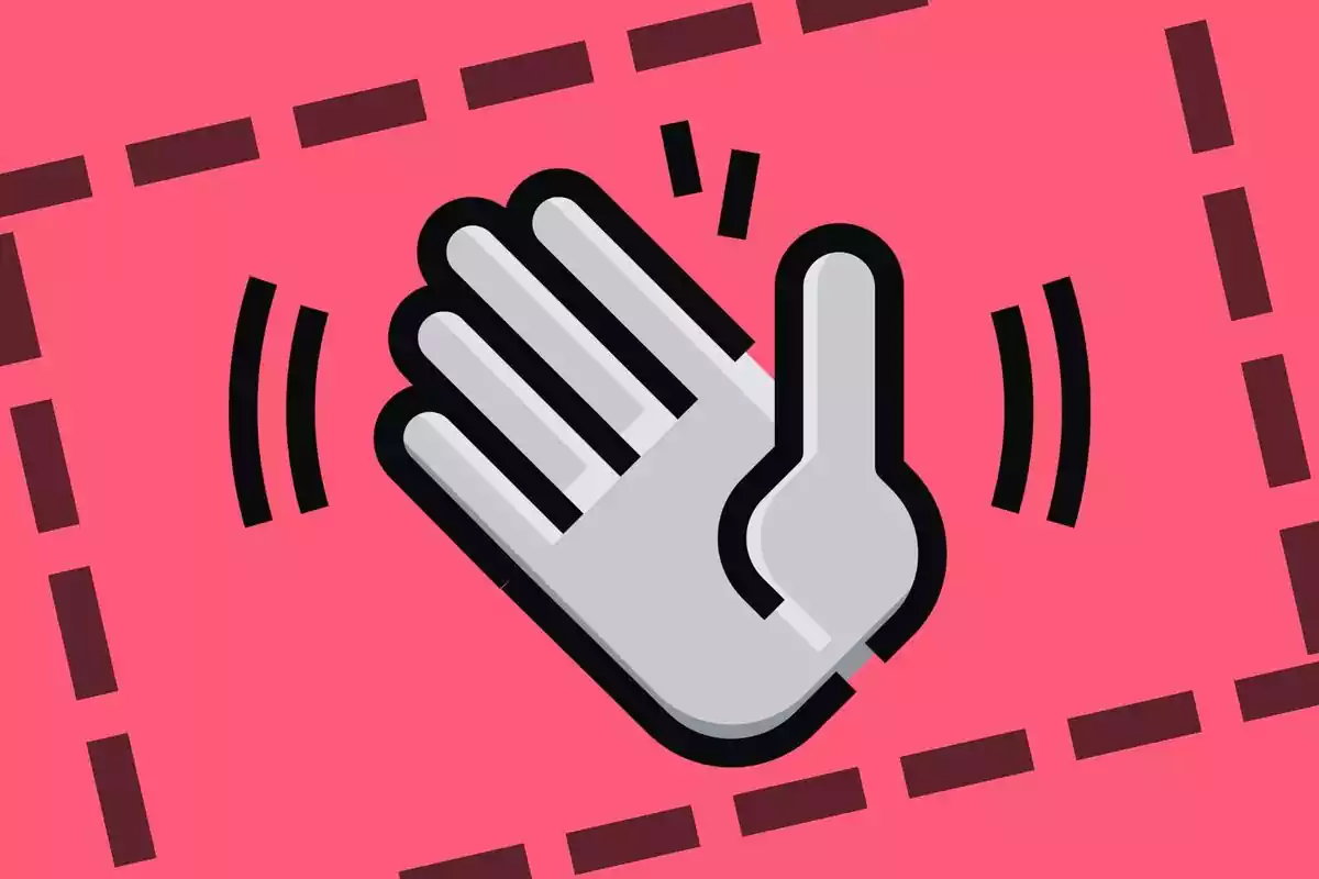 Imatge vermella amb l'emoji d'una mà saludant o acomiadant-se en blanc i negre