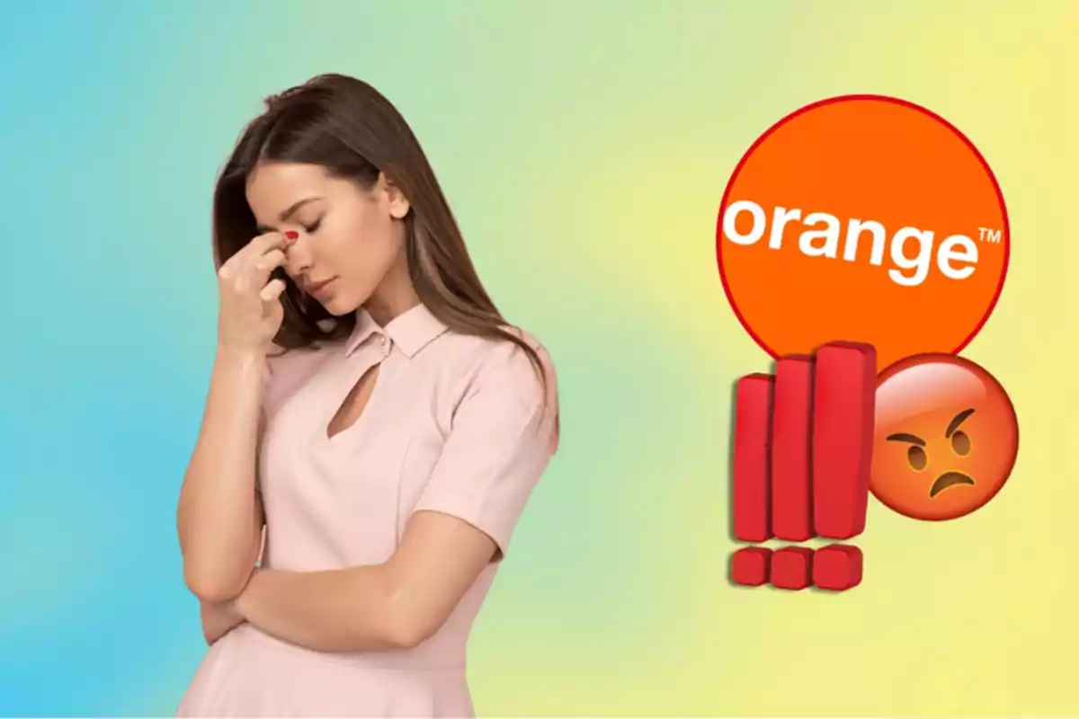 Dona amb expressió de frustració al costat del logotip d'Orange i un emoji enutjat amb signes d'exclamació vermells.