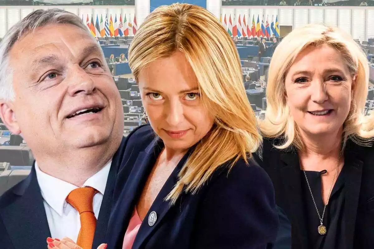 Muntatge amb un primer pla mitjà de Viktor Orban, Girogia Meloni i Marine Le Pen