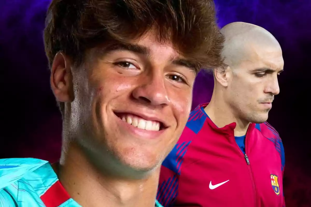 Dos jugadors de futbol, un somrient en primer pla i un altre amb expressió seriosa en segon pla, tots dos amb uniformes esportius.