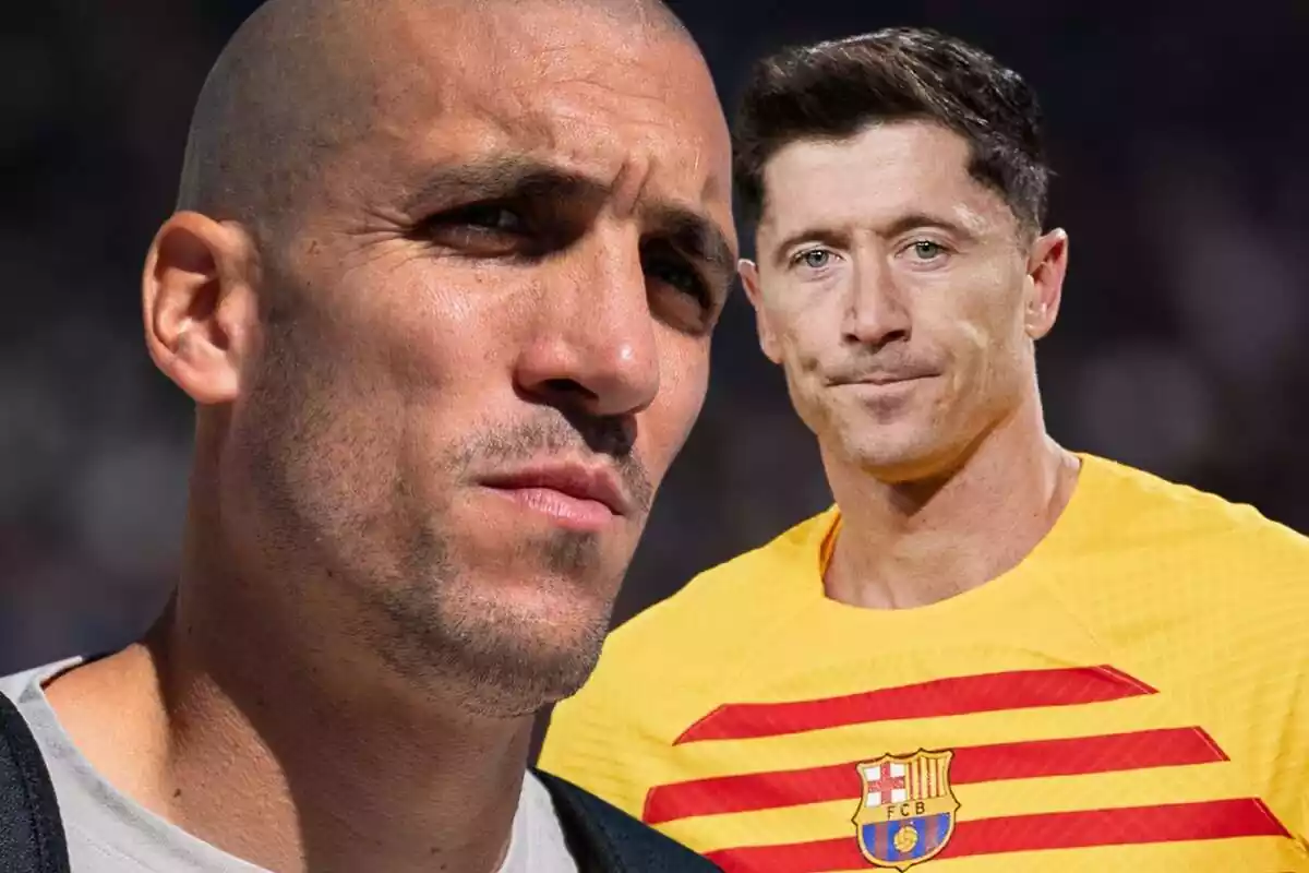 Oriol Romeu i Robert Lewandowski mirant al capdavant sobre un fons difuminat