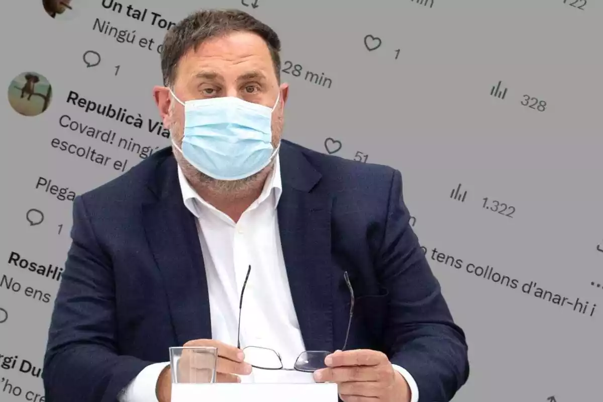 Imatge d'Oriol Junqueras amb mascareta sanitària i amb una captura de pantalla de fons amb els insults rebuts a través d'aquesta xarxa social