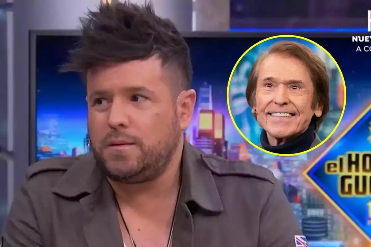 Pablo López con barba y cabello oscuro aparece en El Hormiguero, con un recuadro que muestra a Raphael mayor sonriendo.