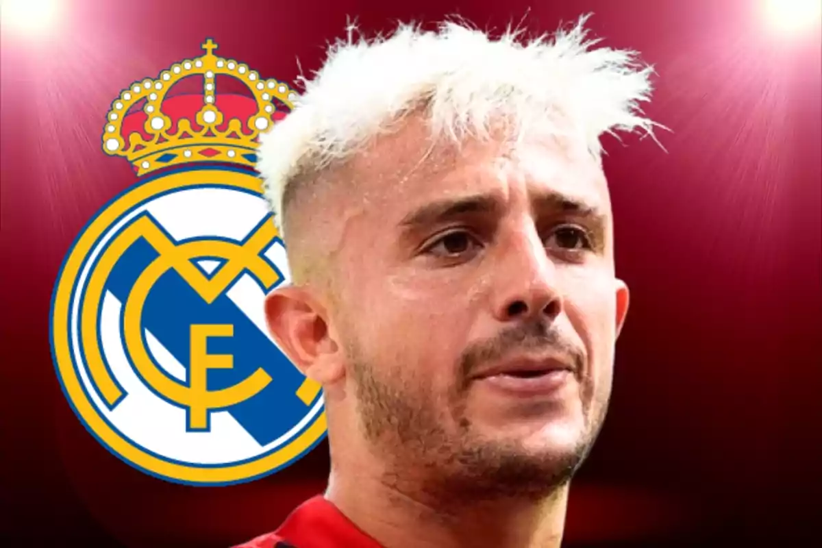 A man with light blonde hair in front of the Real Madrid logo on a red background.