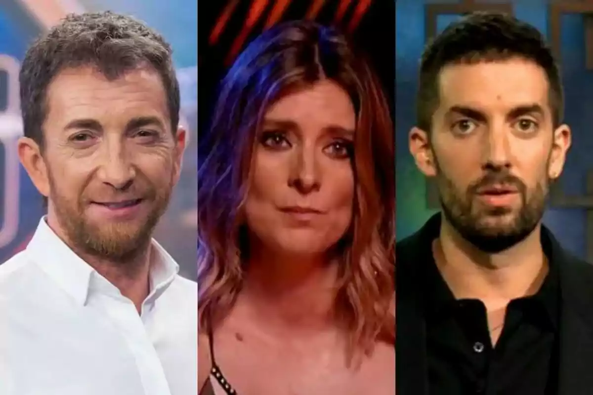 Tres persones posant per a la càmera en un collage d'imatges amb Pablo Motos a El Hormiguero a l'esquerra, Sandra Barneda a La Isla de las Tentaciones al centre i David Broncano a La Revuelta a la dreta.