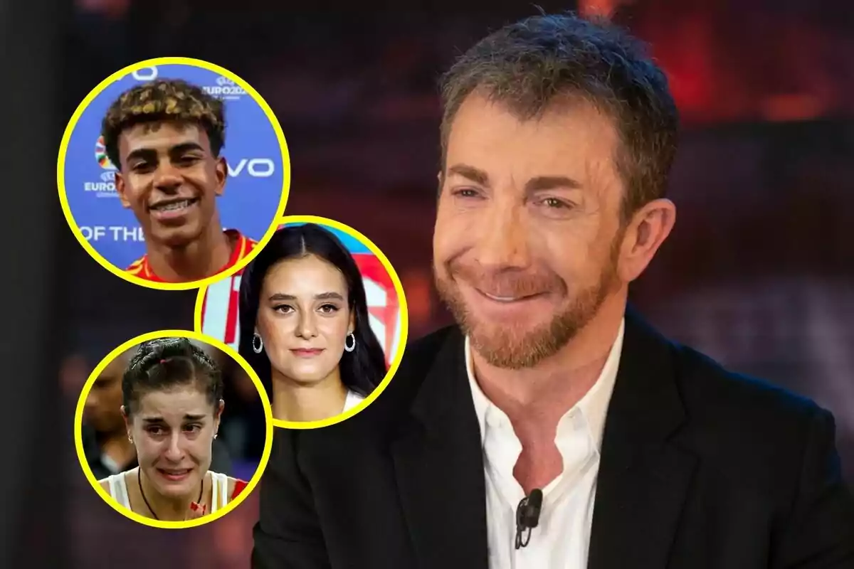 Pablo Motos somrient amb barba i vestit fosc a El Hormiguero apareix en primer pla, mentre que a la cantonada superior esquerra hi ha tres imatges circulars amb Lamine Yamal, Carolina Marin i Vicoria Federica, totes amb vores grogues.