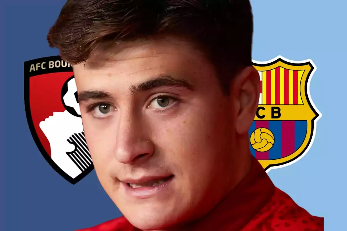 A young man with brown hair and light-colored eyes, with the logos of AFC Bournemouth and FC Barcelona in the background.