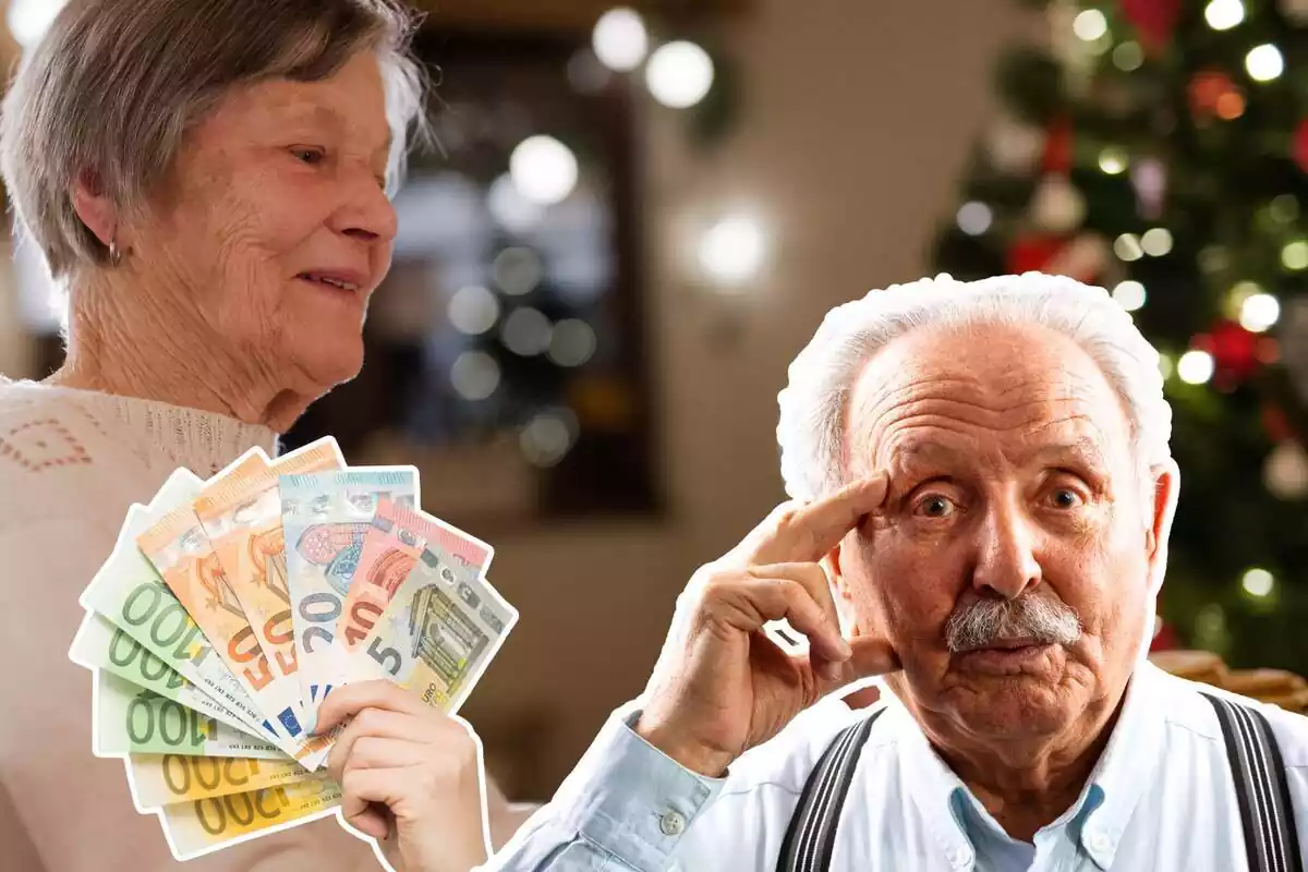 Muntatge amb una imatge de fons d'una dona asseguda a una taula amb un arbre de Nadal de fons i una altra imatge d'un home gran pensatiu i una altra de bitllets d'euros