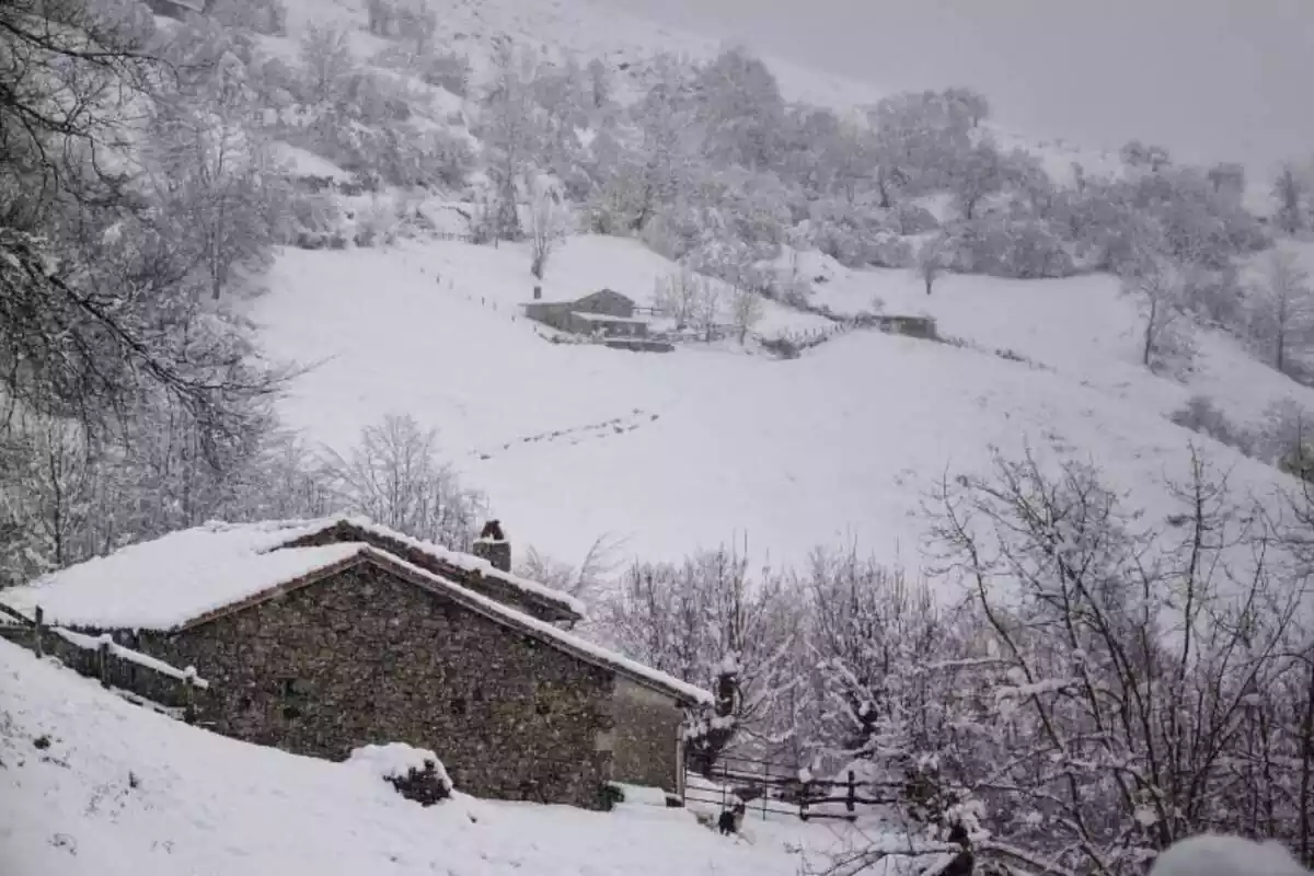 Imatge panoràmica d'una casa al mig de la muntanya durant una nevada intensa