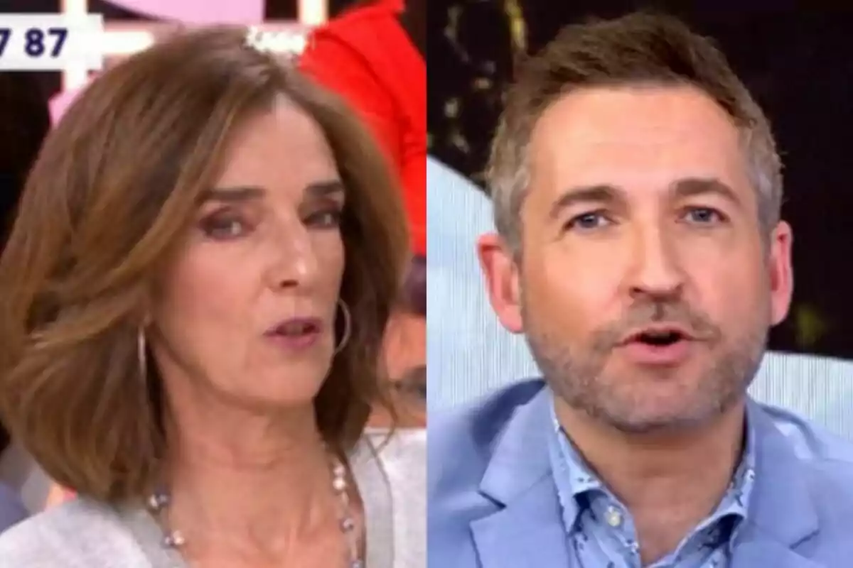 Dos personas en un programa de televisión, Paloma García-Pelayo a la izquierda en Y ahora Sonsoles y Frank Blanco a la derecha en Tardear, ambos con expresiones serias.