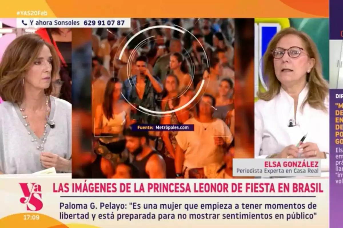 Un programa de televisión muestra imágenes de una multitud en una fiesta en Brasil mientras Paloma García-Pelayo y Elsa González discuten sobre el tema en el estudio en 'Y ahora Sonsoles'. Un programa de televisión muestra imágenes de una multitud en una fiesta en Brasil mientras Paloma García-Pelayo y Elsa González discuten sobre el tema en el estudio en 'Y ahora Sonsoles'.