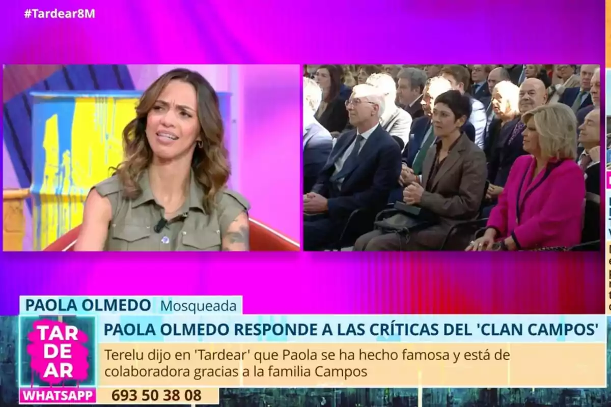 Paola Olmedo a 'Tardear' sembla molesta mentre respon a crítiques de Terelu Campos, amb un grup de persones assegudes en una audiència a la dreta. Paola Olmedo a 'Tardear' sembla molesta mentre respon a crítiques de Terelu Campos, amb un grup de persones assegudes en una audiència a la dreta.