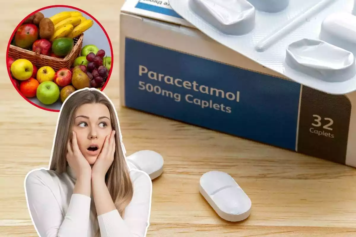 Imatge de fons d'una caixa de Paracetamol, juntament amb dues imatges més en primer pla, una de diverses fruites amuntegades i una altra d'una dona amb cara de sorpresa