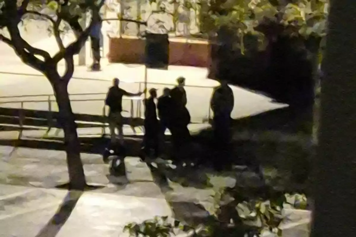 Un grup de persones està reunit en una àrea a l'aire lliure durant la nit, amb arbres i ombres visibles en l'entorn. Un grup de persones està reunit en una àrea a l'aire lliure durant la nit, amb arbres i ombres visibles en l'entorn.