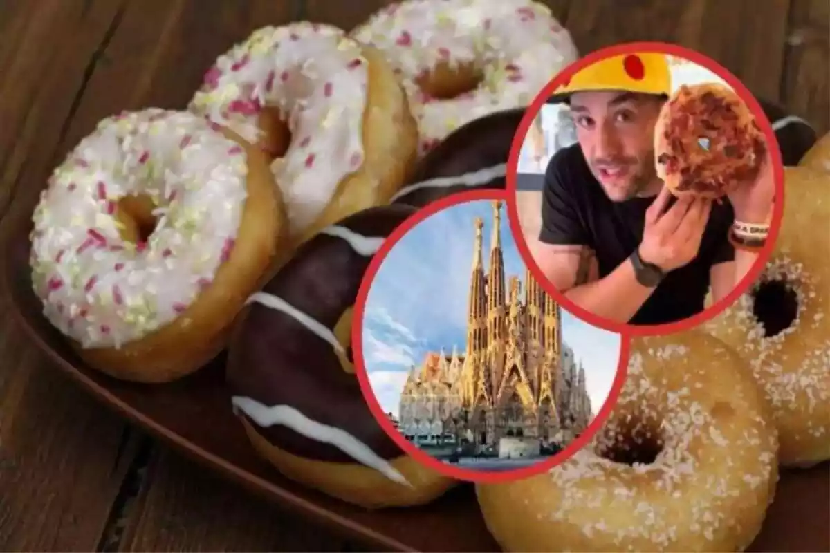 Imatge de fons de diversos donuts, juntament amb una altra d'una persona amb un donut molt gran a la mà i una altra de la Sagrada Família