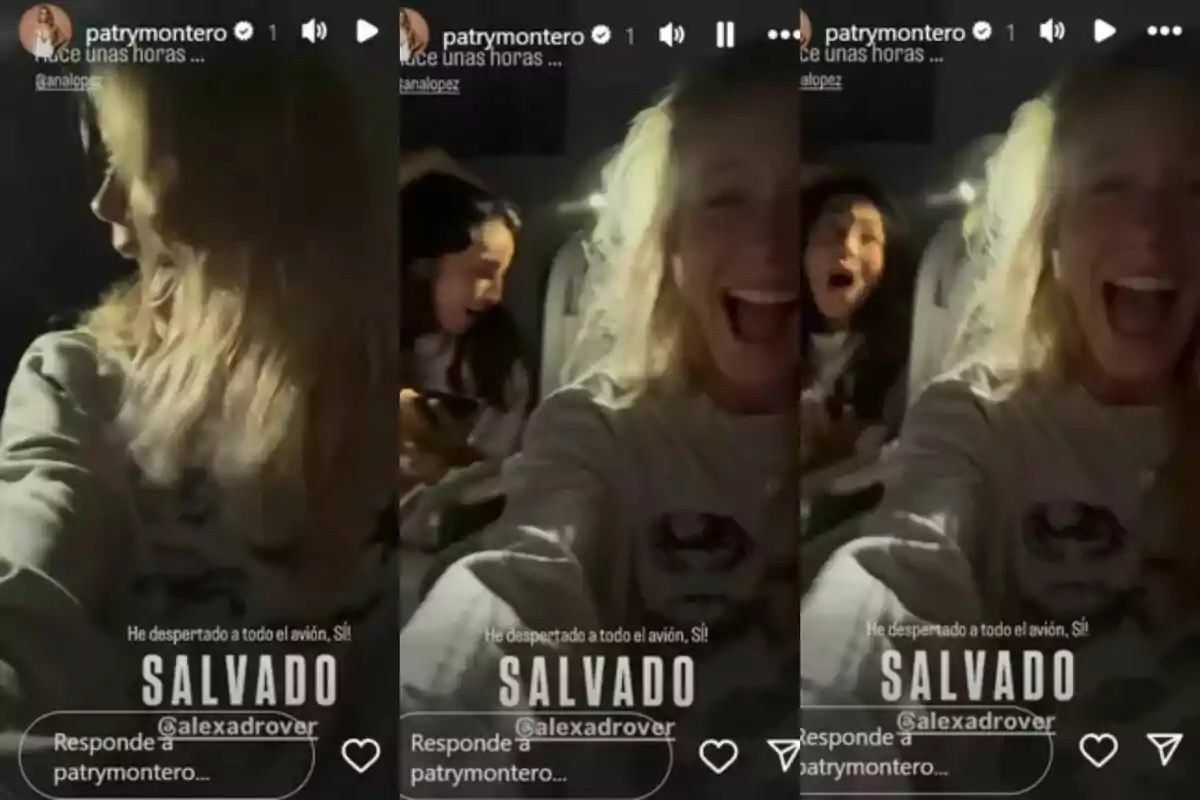 Patricia Montero rossa somriu àmpliament mentre es fa una selfie en un avió, acompanyada d'una altra persona que sembla sorpresa o emocionada a Supervivientes. Patricia Montero rossa somriu àmpliament mentre es fa una selfie en un avió, acompanyada d'una altra persona que sembla sorpresa o emocionada a Supervivientes.