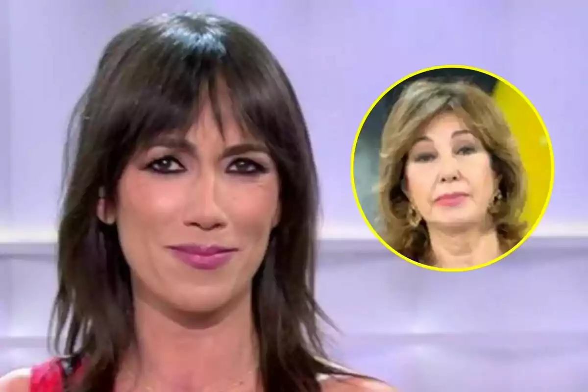 Patricia Pardo de cabell fosc amb serrell somrient a Vamos a ver en primer pla i a la cantonada superior dreta apareix el rostre de l’Ana Rosa Quintana més gran a El Programa de Ana Rosa dins d’un cercle groc.