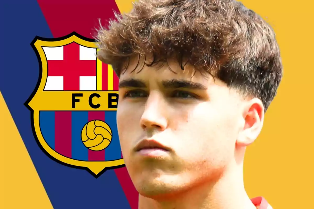 A young man with the FC Barcelona crest in the background.