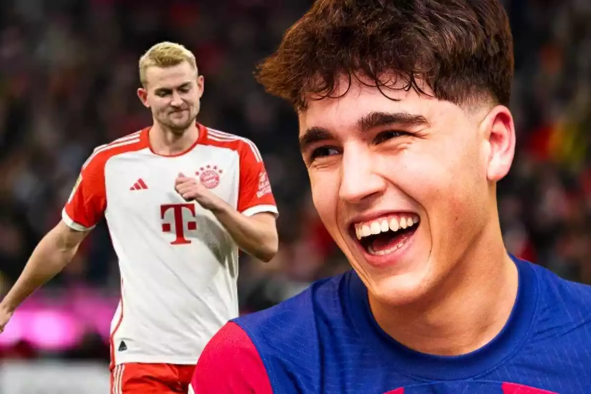 Pau Cubarsí en primer pla amb una foto del central del Bayern Munic Matthijs de Ligt.