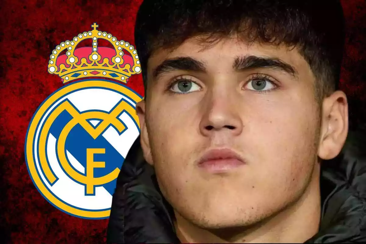 Pau Cubarsí en primer plano junto a un escudo del Real Madrid