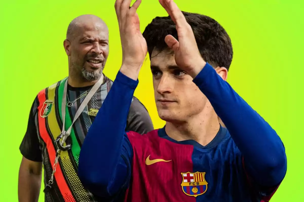 Un entrenador amb una samarreta de colors i un jugador del Barcelona aplaudint sobre un fons verd brillant