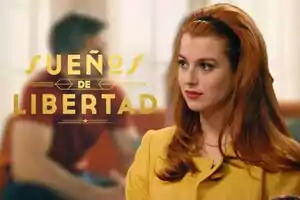 Paula de la Nieta pelirroja con un vestido amarillo aparece en primer plano mientras un hombre desenfocado está al fondo con el texto 