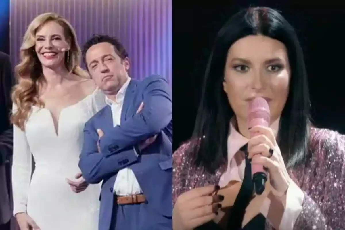 Paula Vázquez i Jacob Petrus posen juntes en un escenari mentre Laura Pausini sosté un micròfon rosa durant una actuació.