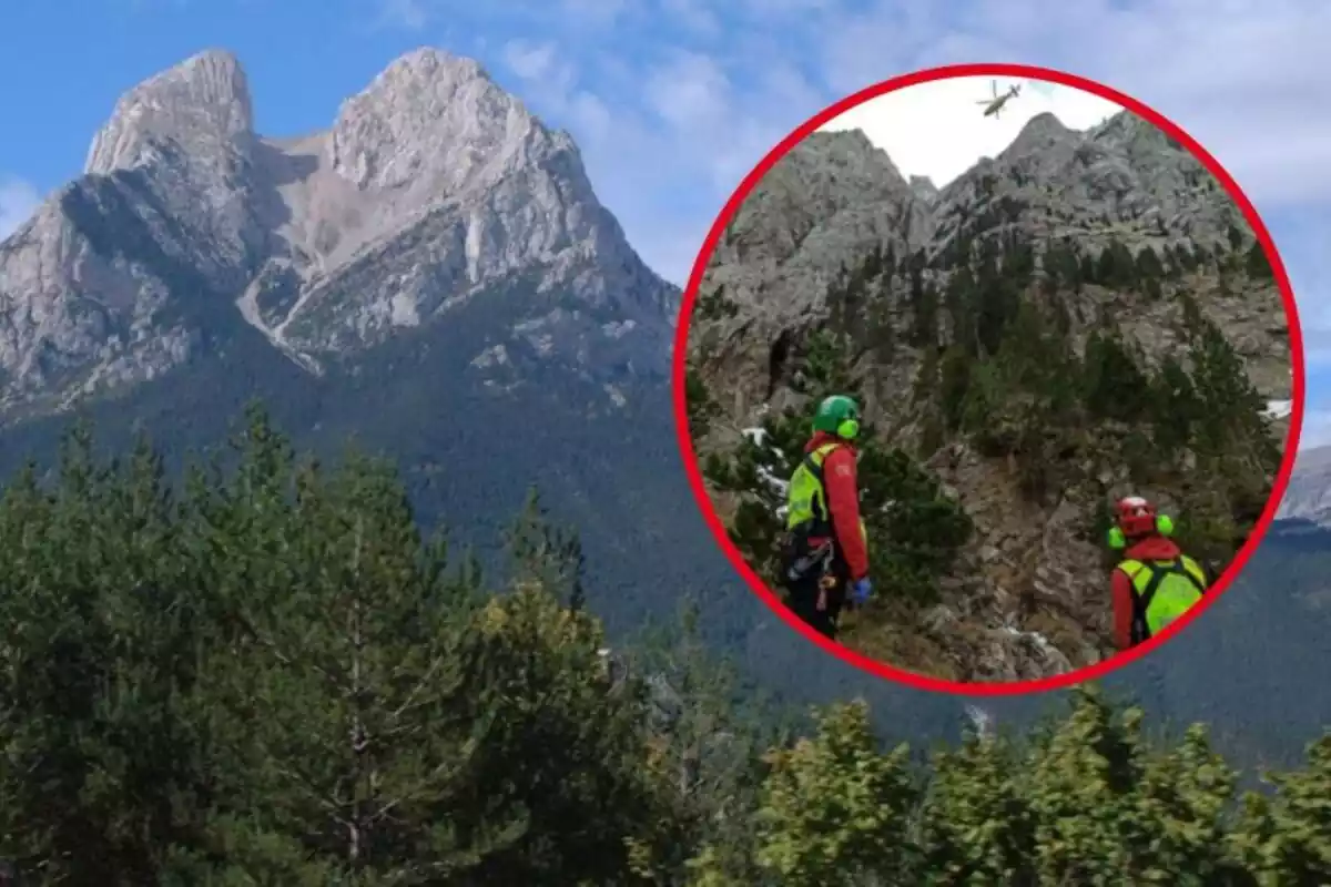 Imatge de fons de la muntanya del Pedraforca i un altre dels serveis d'emergències en un rescat a la muntanya