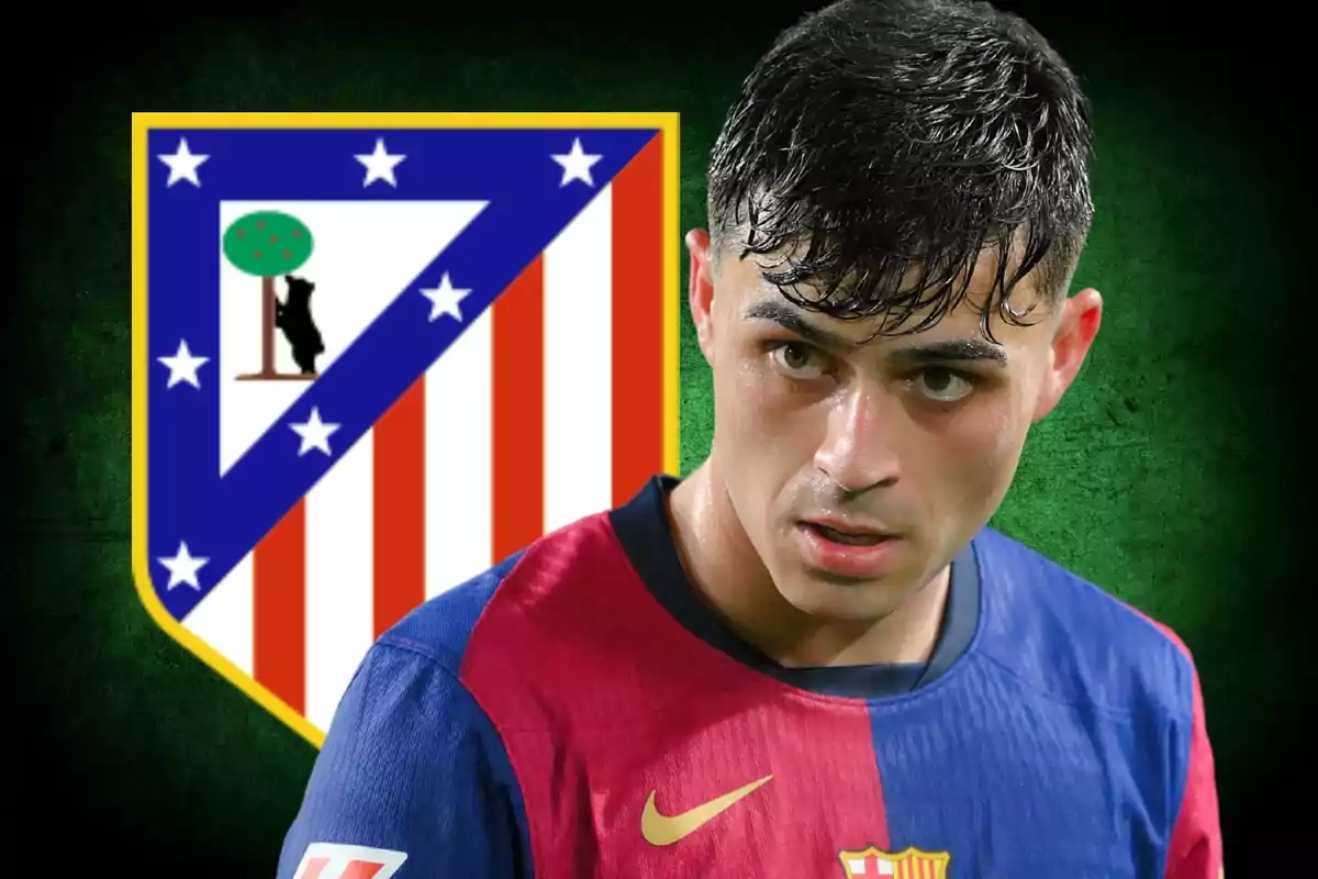 A player wearing a Barcelona jersey appears in front of the Atlético de Madrid crest on a green background.