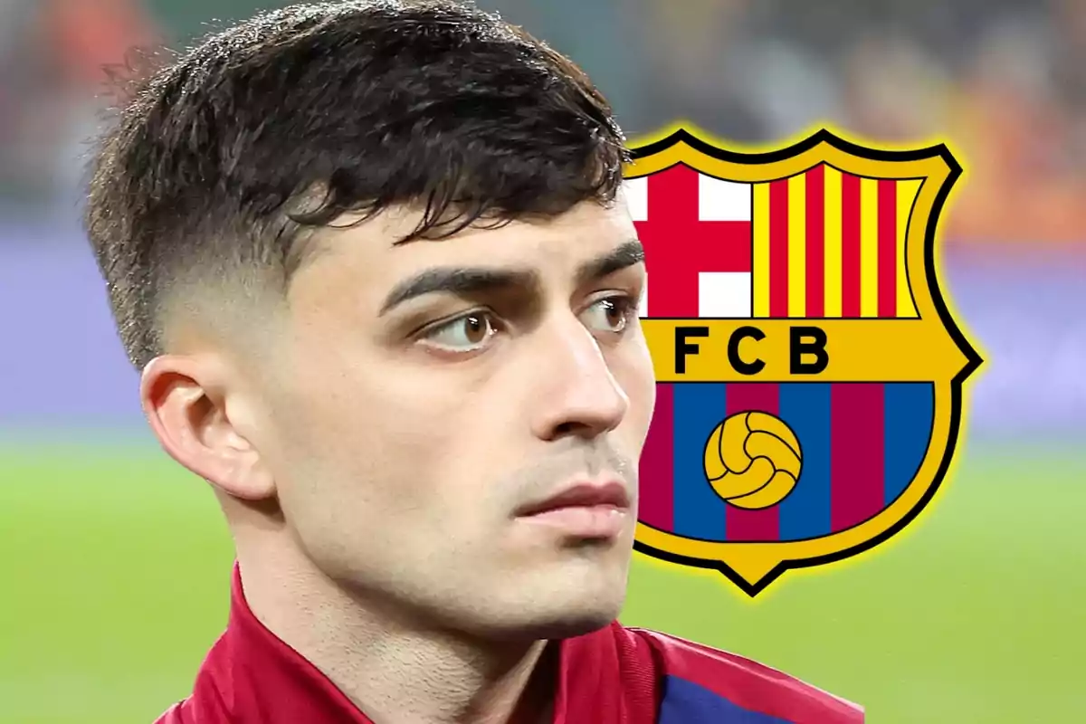 A player with the FC Barcelona crest in the background.