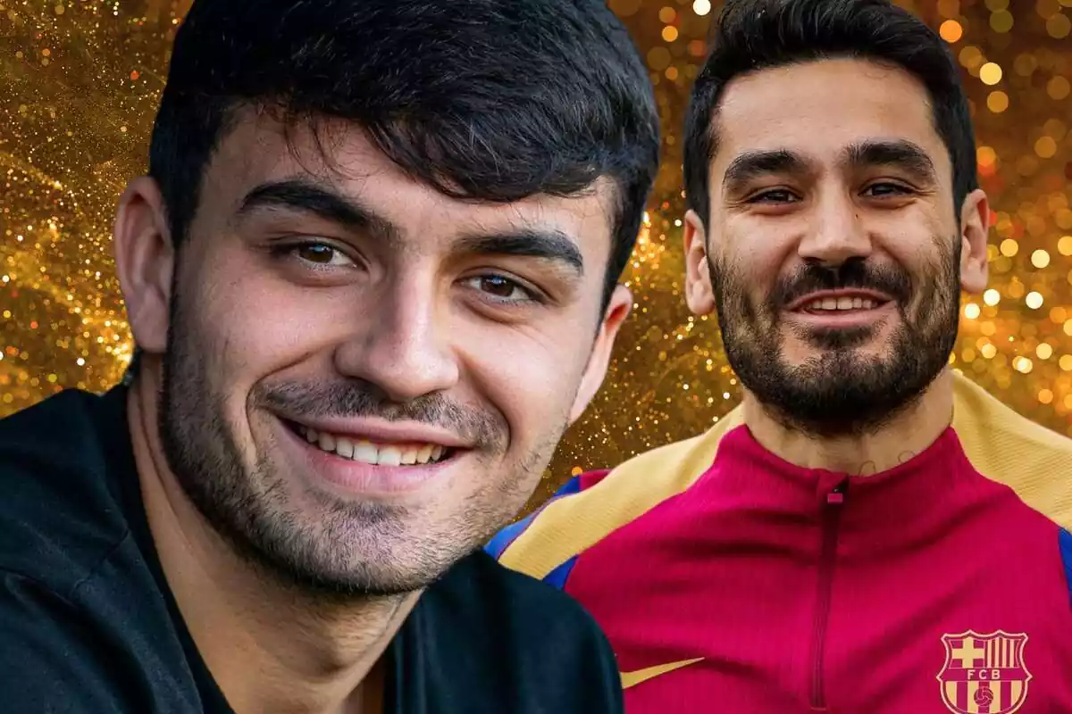 Pedri i Ilkay Gündogan amb un gran somriure sobre un fons daurat