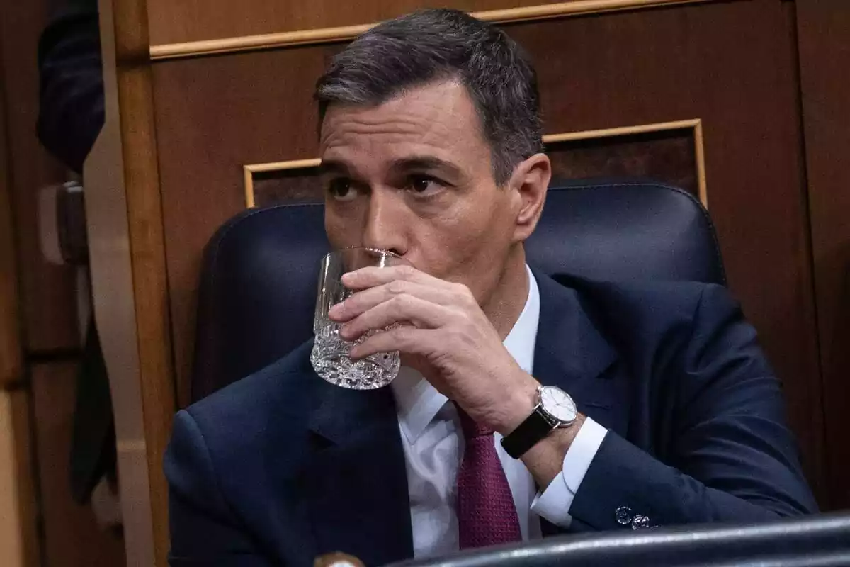 Primer pla de Pedro Sánchez al seu escó del Congrés bevent un got d'aigua