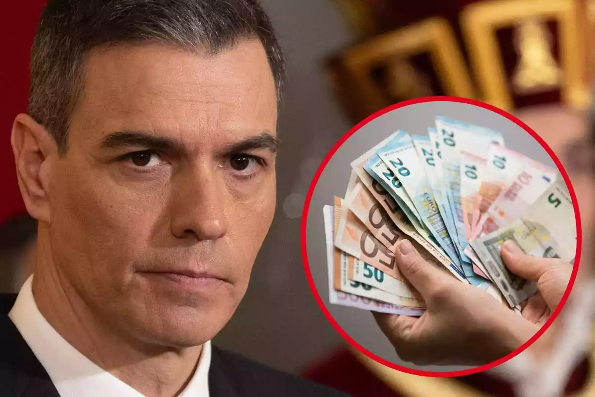 Imatge de fons de Pedro Sánchez i una altra imatge d'unes mans amb molts bitllets d'euro