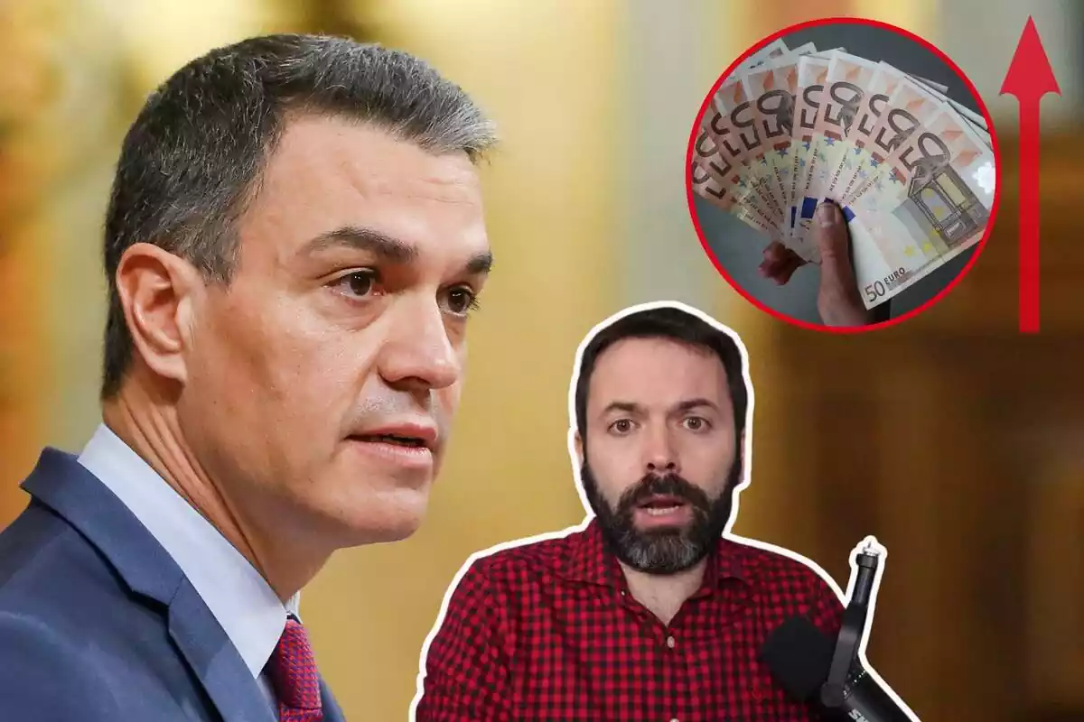 Imatge de Pedro Sánchez de perfil amb una imatge de l'economista Juan Ramón Rallo i una altra de bitllets de 50 euros en una mà