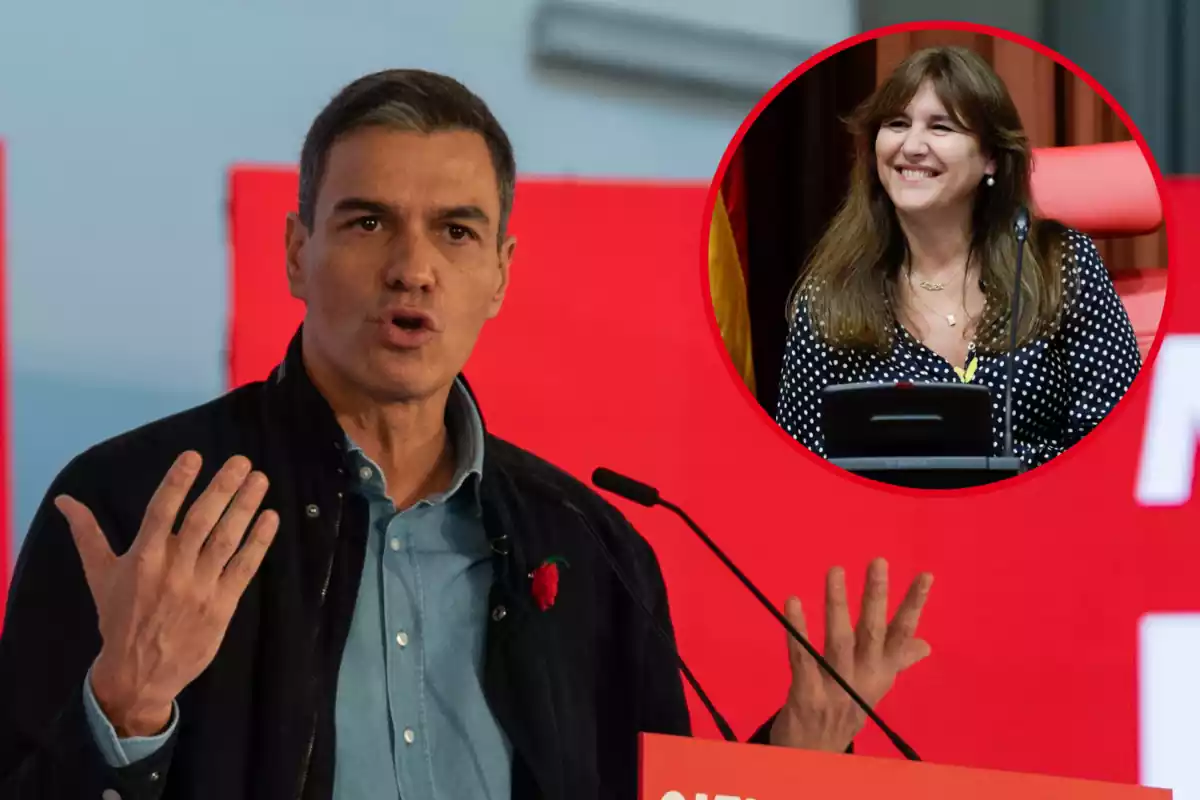 Muntatge de Pedro Sánchez amb una foto de la presidenta de Junts Laura Borràs