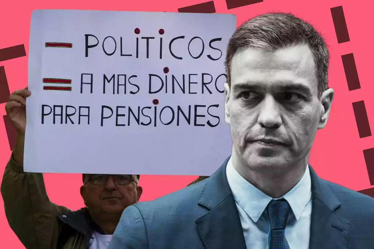 Un hombre sostiene un cartel que pide más dinero para pensiones, mientras un político aparece en primer plano sobre un fondo rosa.