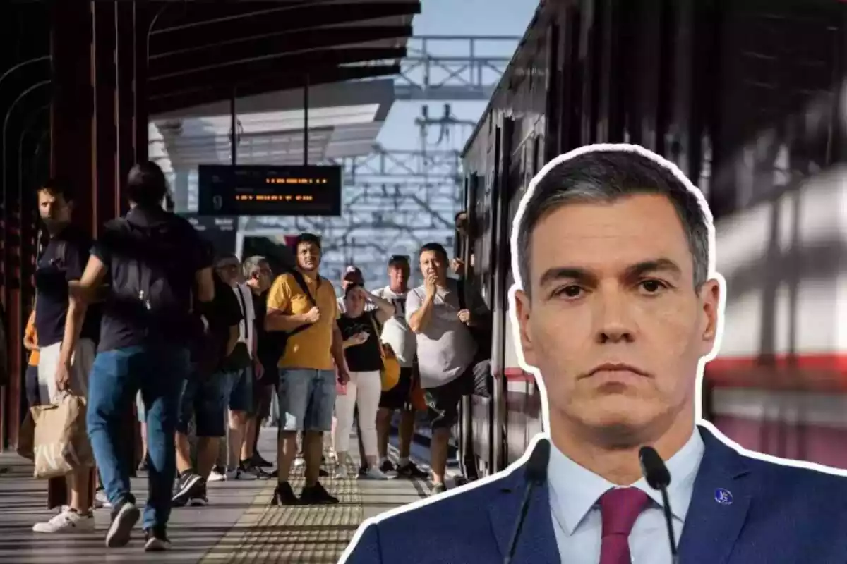 Muntatge amb diversos passatgers pujant al tren i un primer pla de Pedro Sánchez