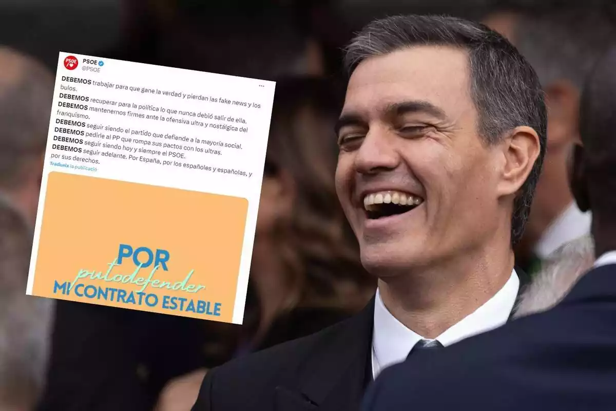 Primer pla mitjà de Pedro Sánchez rient amb la boca oberta i al costat la captura d'un tuit del PSOE