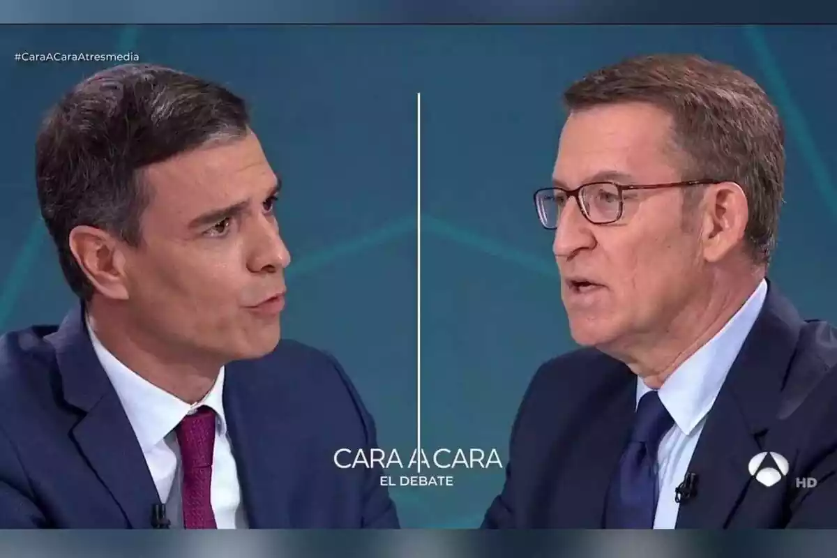 Pedro Sánchez i Alberto Núñez Feijóo al cara a cara d'Atresmedia dilluns passat, 10 de juliol de 2023
