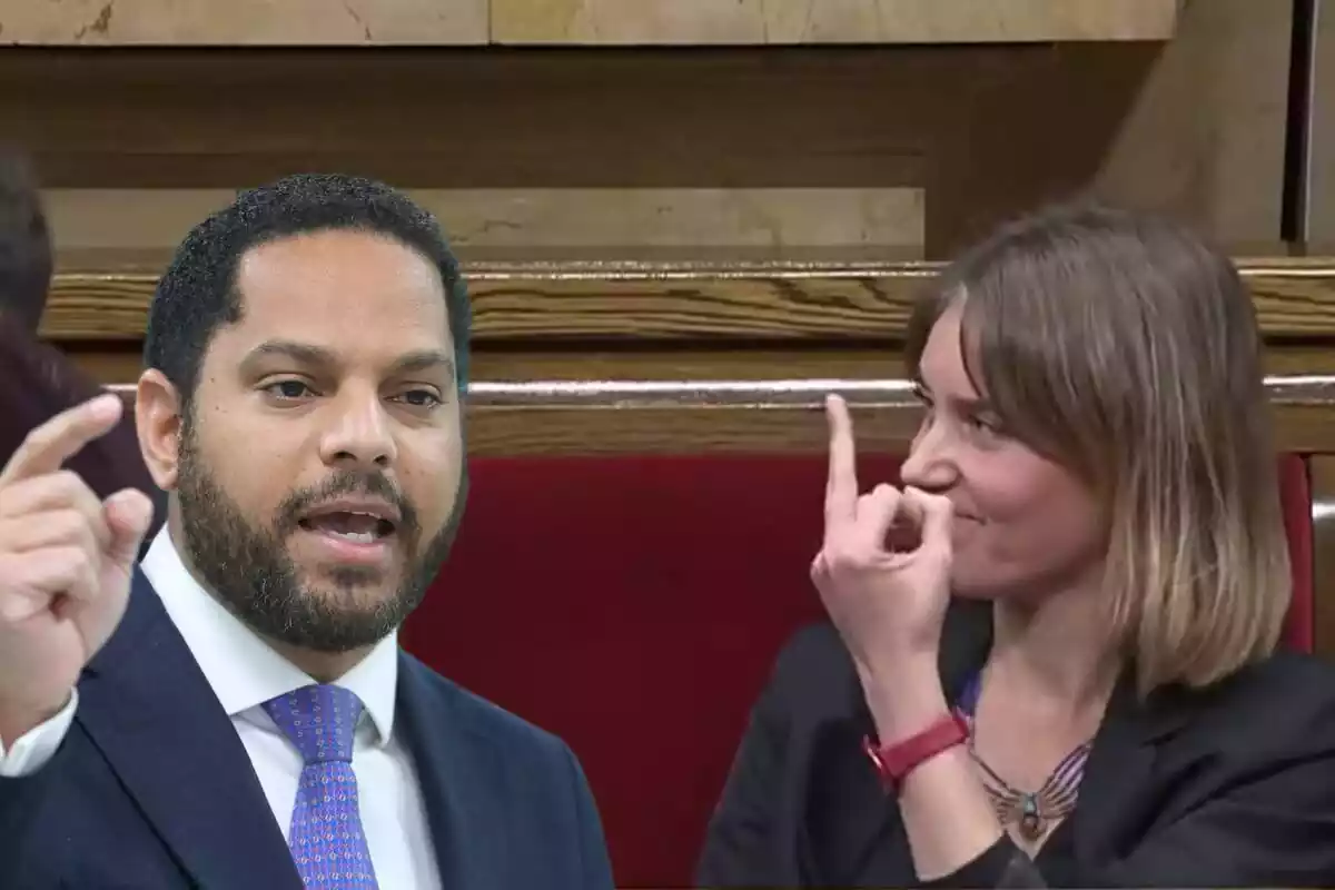 Muntatge fotogràfic de Jessica Albiach fent una botifarra al Parlament de Catalunya, amb Ignacio Garriga de VOX en primer pla