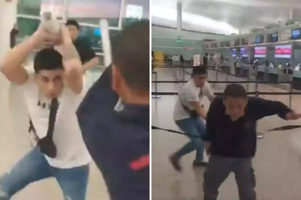 Imatge d'una baralla a l'Aeroport del Prat entre diverses persones que embalen maletes