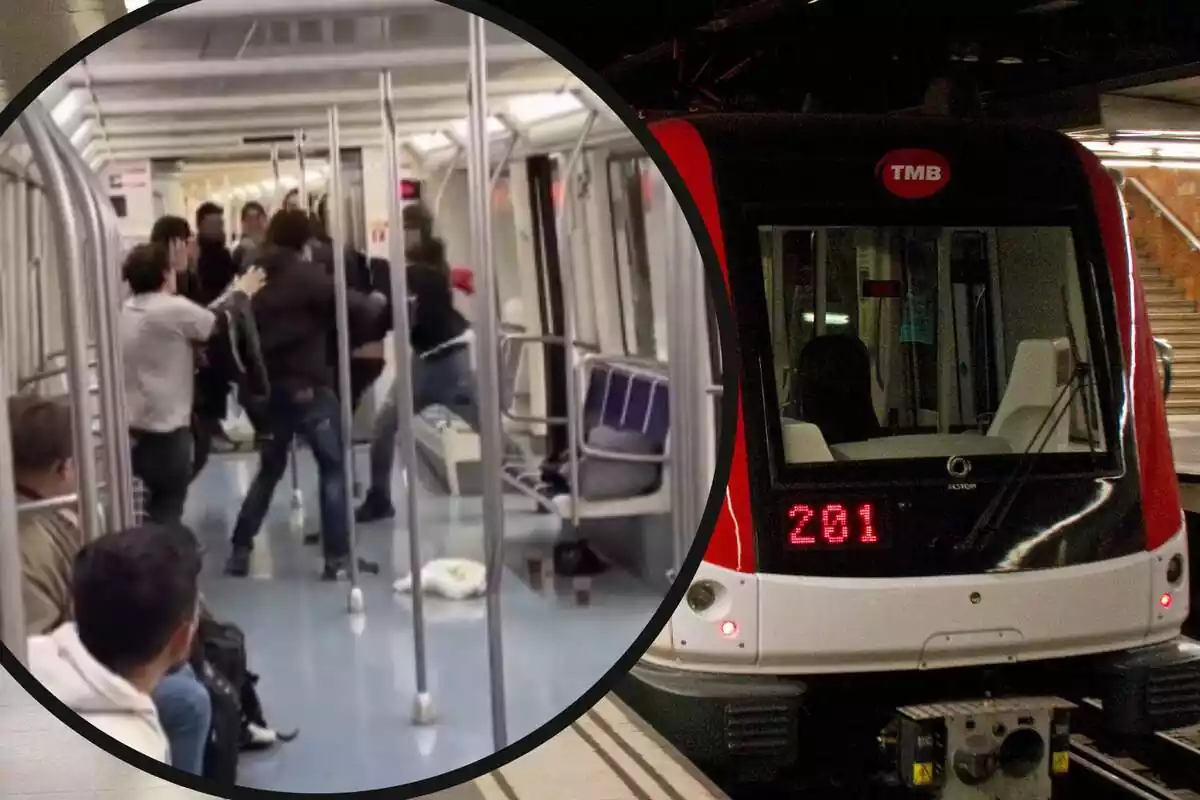 Muntatge d'una baralla al metro de Barcelona al costat d'un dels combois del transport