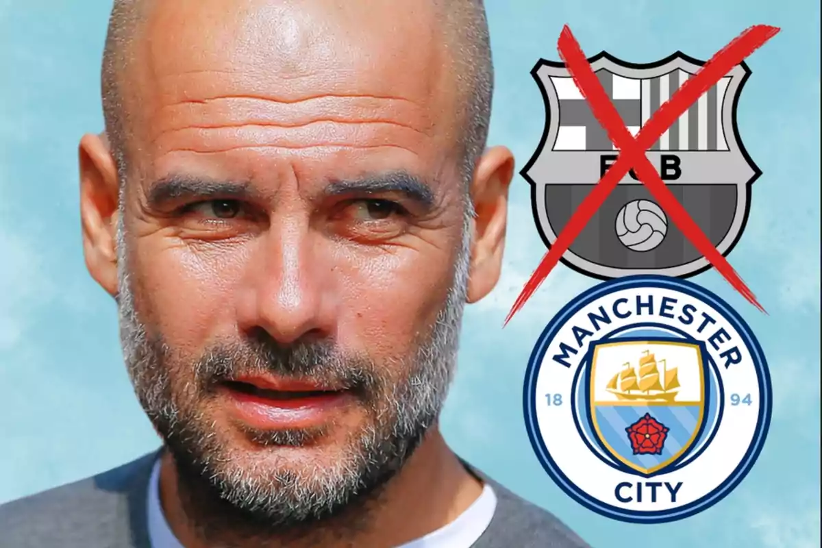 A bald man with a beard appears in the foreground, next to him is a soccer team crest crossed out with a red X and below the Manchester City crest.