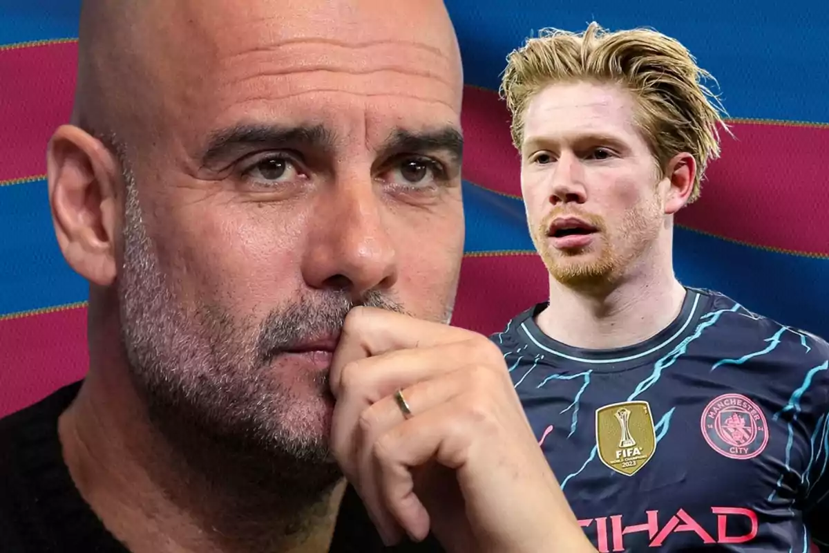 Pep Guardiola pensatiu amb Kevin de Bruyne al fons